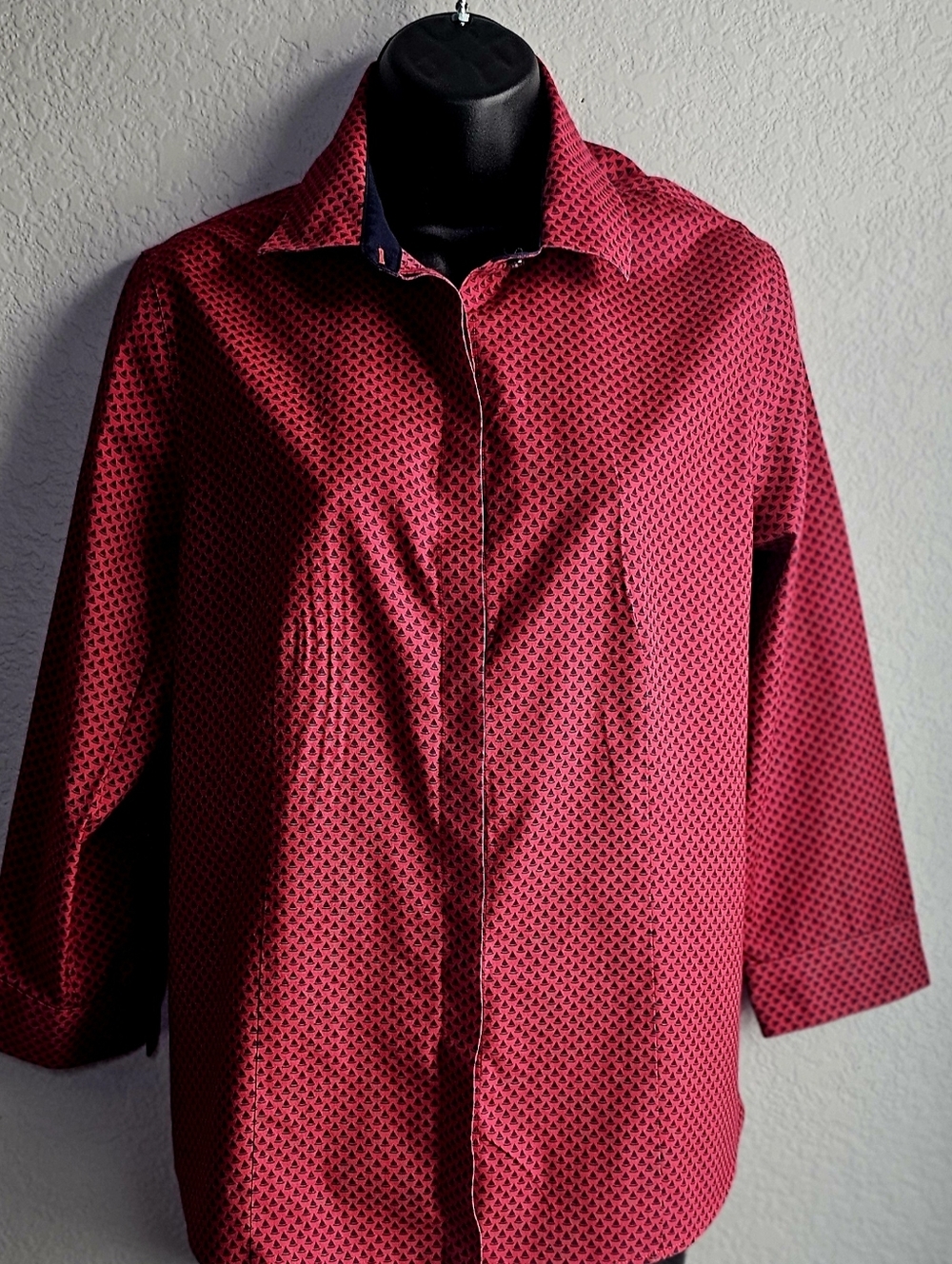 Talbots Red Geometric Button Down Shirt Women Size 12 Career Office Blouse